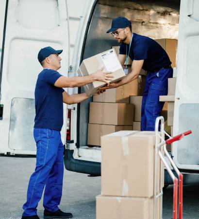 Male workers cooperating while loading cardboard boxes in a delivery van.