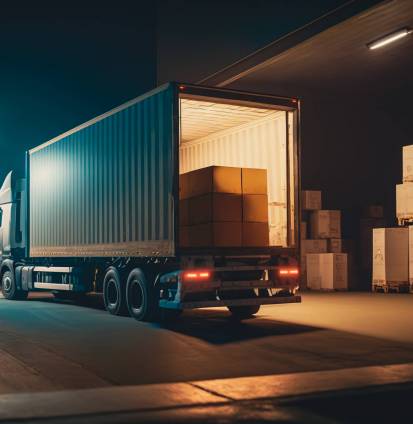 Modern truck filled with shipping boxes in a warehouse bay: logistics and delivery, Generative AI