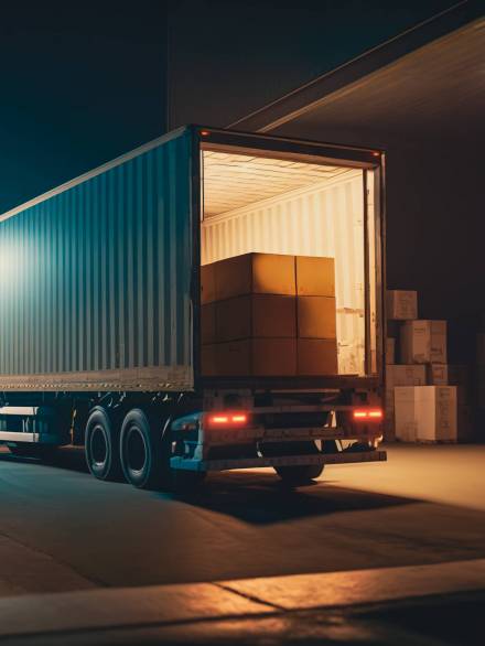 Modern truck filled with shipping boxes in a warehouse bay: logistics and delivery, Generative AI